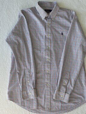 Ralph Lauren Shirt Mens Large Red White Blue Gingham Check Flesh Pony Oxford